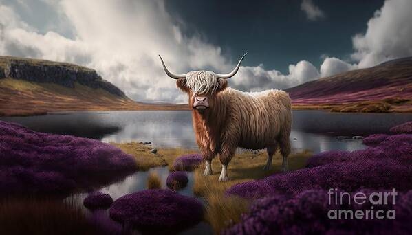 Landscape Art Print featuring the digital art Scottish Highland Cow I by Eva Sawyer