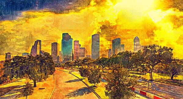 Houston Art Print featuring the digital art Skyline of downtown Houston, Texas, at sunset - impasto oil painting by Nicko Prints