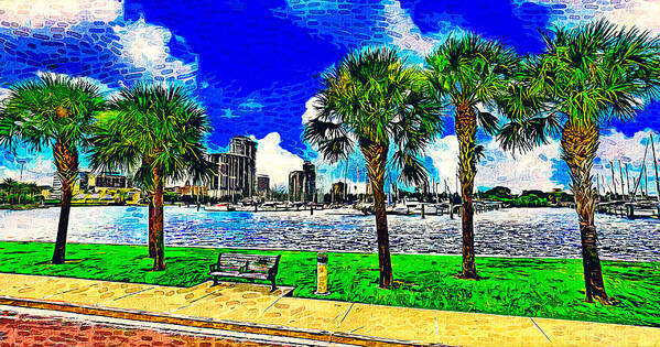 South Yacht Basin Art Print featuring the digital art South Yacht Basin and downtown St. Petersburg, Florida - impressionist painting by Nicko Prints