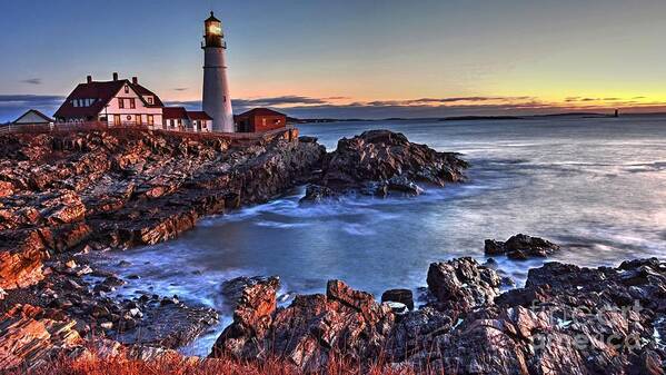 Portland Head Light Art Print featuring the photograph Sunrise at the Lighthouse by Steve Brown
