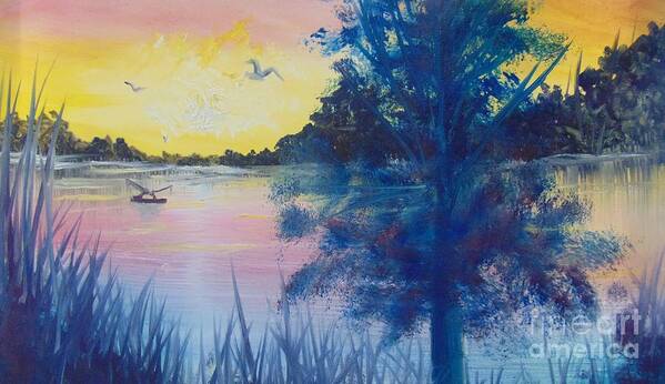 Fisherman Art Print featuring the painting Sunrise on the Lake by Saundra Johnson