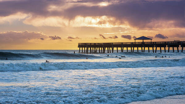 Beach Art Print featuring the photograph Sunrise Surfers by Laura Fasulo