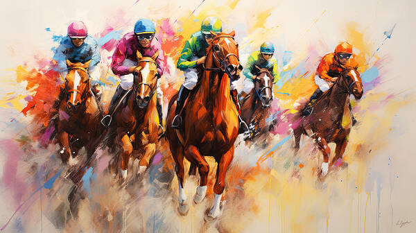 Horse Racing Art Print featuring the painting Thrill of the Race - Colorful Horse Racing Impressionist Art by Lourry Legarde