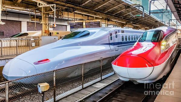 Shinkansen Art Print featuring the photograph Two Shinkansen at the Tokyo Station by Lyl Dil Creations