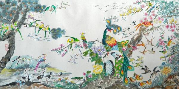 Chinese Brush Art Print featuring the painting 100 Birds by L R B