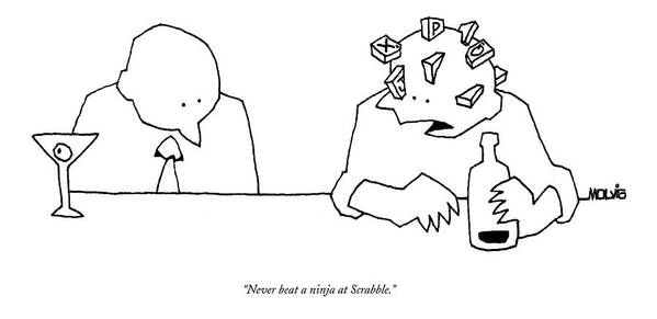 Word Play Art Print featuring the drawing Never Beat A Ninja At Scrabble by Ariel Molvig