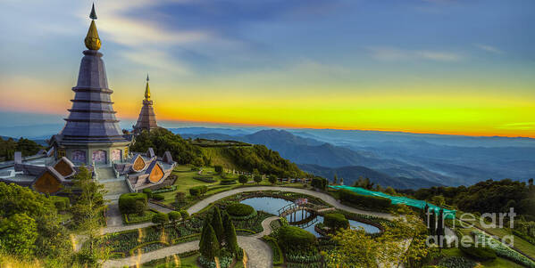 Ancient Art Print featuring the photograph Landscape of Two pagoda at Doi Inthanon #4 by Anek Suwannaphoom