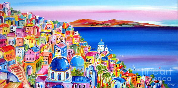 Santorini Art Print featuring the painting A bright day in Santorini Greece by Roberto Gagliardi