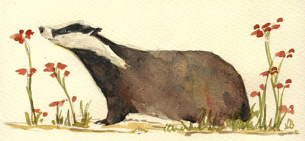 Badger Art Print featuring the painting Badger and flowers by Juan Bosco