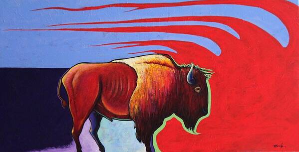 Bison Art Print featuring the painting Bison in the Winds of Change by Joe Triano