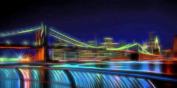 Neon Art Print featuring the photograph Brooklyn Bridge Neon Panoramic by David Smith