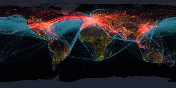 Earth Art Print featuring the photograph Global Transport Networks On Night Map by Noaa