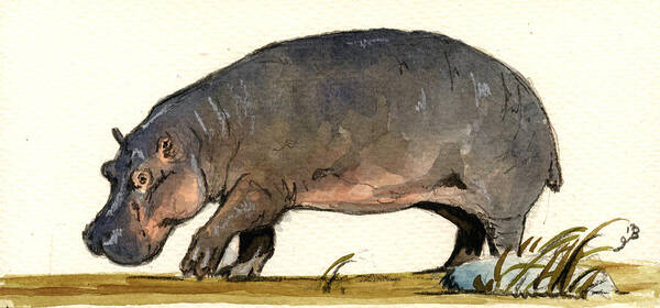 Hippo Art Print featuring the painting Hippo walk by Juan Bosco