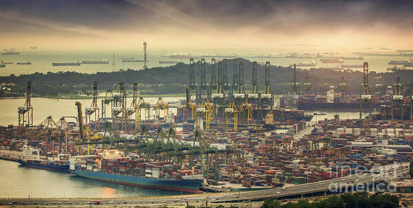 Aerial Art Print featuring the photograph Landscape from bird view of Cargo ships by Anek Suwannaphoom
