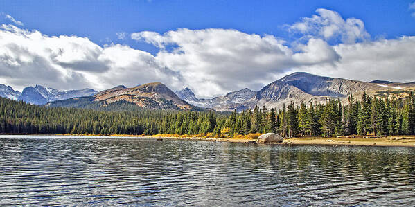 Fine Art Photography. Colorado Lake Photography.colorado Lake Greeting Cards. Lakes. Streams. Trees. Pine. Tree.sky.clouds. Blue Sky. Fine Art Note Cards. Mountains.winter.spring.summer.rocky.fishing Boat. Mixed Media Mixed Media Photography. Fine Art Photography Art Print featuring the photograph Long Lake Colorado by James Steele