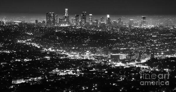 Los Angeles Art Print featuring the photograph Los Angeles Skyline at Night Monochrome by Bob Christopher