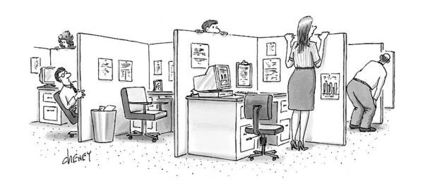 Office Workers -general Art Print featuring the drawing New Yorker February 8th, 1999 by Tom Cheney