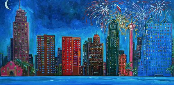San Antonio Art Print featuring the painting River City Skyline by Patti Schermerhorn