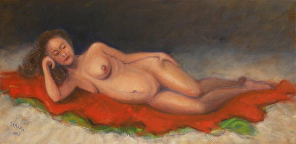 Realism Art Print featuring the painting Rosemary Reclining on Red Blanket by Donelli DiMaria