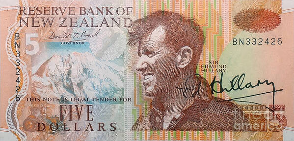 Prott Art Print featuring the photograph Sir Edmund Hillary signed banknote by Rudi Prott