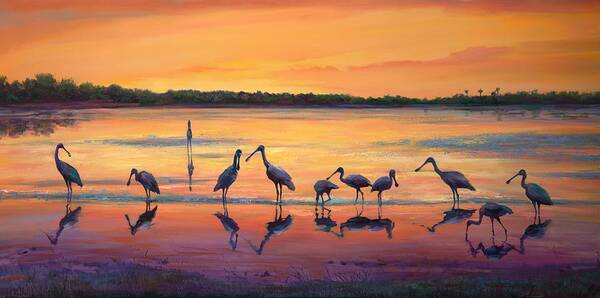 Landscape Art Print featuring the painting Sunset Spoonbills by Laurie Snow Hein
