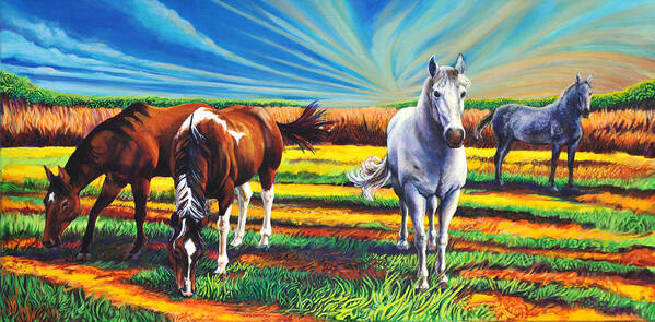 Texas Quarter Horse Landscape Paint Mare Chestnut Stallion White Dapple Gray Grey Field Sky Clouds Sunset Sunrise Yellow Orange Green Blue Color Art Print featuring the painting Texas Quarter Horses by Greg Skrtic