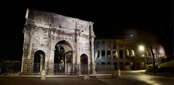 Rome Art Print featuring the photograph The Arch of Constantine and the Colosseum at night by Weston Westmoreland