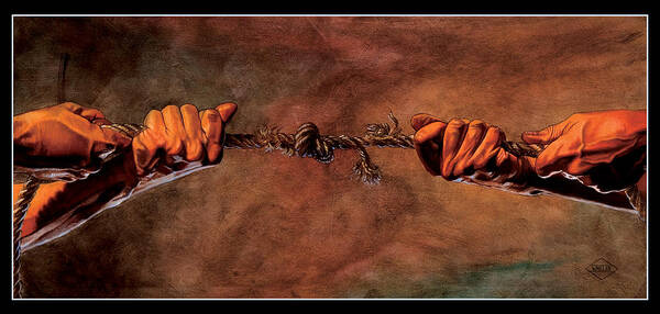 Hands Art Print featuring the painting Tug of War by Patrick Whelan