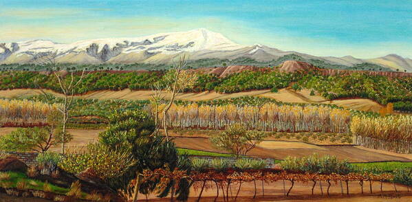 Pines Art Print featuring the painting Vineyard Valley In The Sierra Nevada Surroundings by Angeles M Pomata