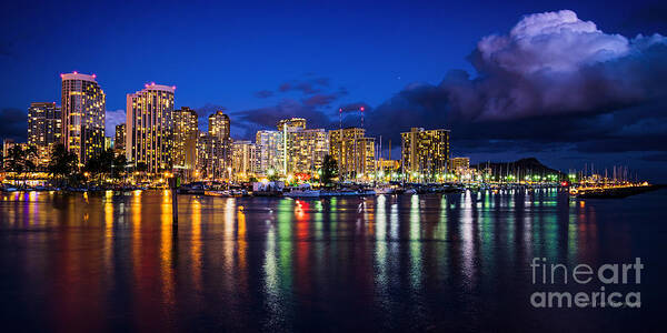 Waikiki Art Print featuring the photograph Waikiki and Diamond Head at Dusk 2 to 1 Aspect Ratio by Aloha Art