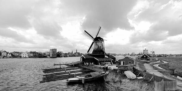 Zaanse Schans Art Print featuring the photograph Zaanse Schans Pano in Black and White by Jenny Hudson