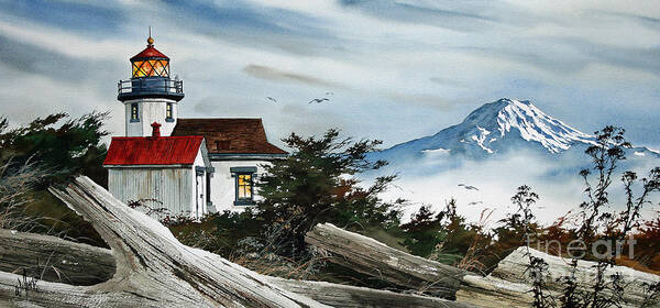 Lighthouse Fine Art Print Art Print featuring the painting Point Robinson Lighthouse and Mt. Rainier by James Williamson