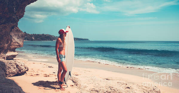 Active Art Print featuring the photograph Sportive woman with surfboard #1 by Anna Om