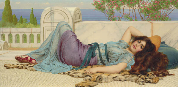Mischief And Repose Art Print featuring the painting Mischief and Repose by John William Godward