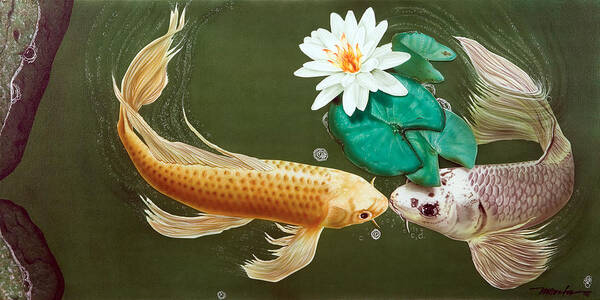 Koi Fish Art Print featuring the painting A Kiss Is Just A Kiss by Dan Menta