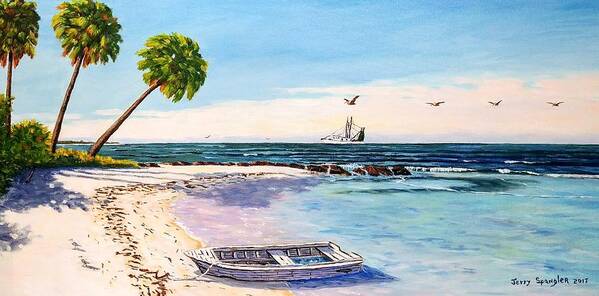 Gulf Art Print featuring the painting A Nice Day at the Beach by Jerry SPANGLER