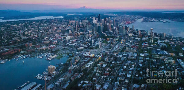 Seattle Art Print featuring the photograph Aerial Seattle Dusk Cityscape by Mike Reid