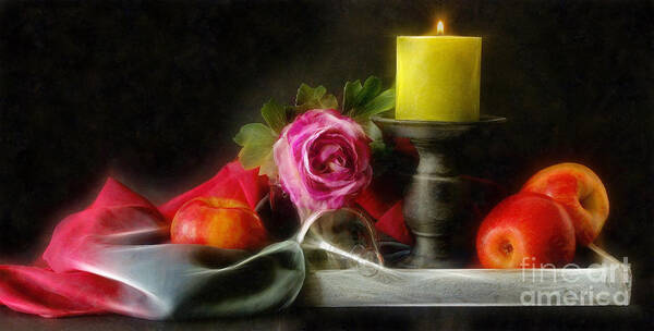 Apples Art Print featuring the photograph Apples Rose and Candle by Ian Mitchell