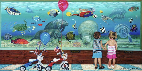 Aquarium Art Print featuring the painting Aquarium with Twins Towel version by Bonnie Siracusa