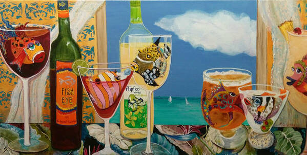 Cocktails Art Print featuring the painting BestFINS at the Beach House by Linda Kegley