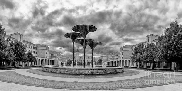 Fort Art Print featuring the photograph Black White Panorama of Texas Christian University Campus Commons and Frog Fountain - Fort Worth by Silvio Ligutti