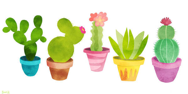 Cactus Art Print featuring the painting Cactus Plants In Pretty Pots by Little Bunny Sunshine