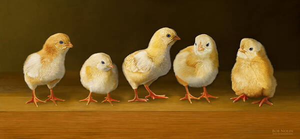 Chicks Art Print featuring the digital art Five Chicks Named Moe by Bob Nolin