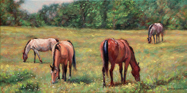 Horses Art Print featuring the painting Green Pastures - Horses Grazing in a Field by Bonnie Mason