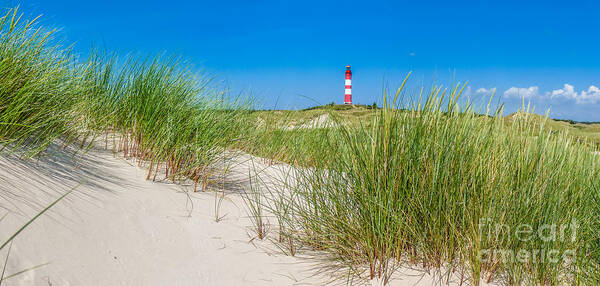 Amrum Art Print featuring the photograph Idyllic dunes and lighthouse at North Sea by JR Photography