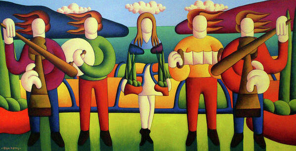 Dance Art Print featuring the painting Irish Dancer with musicians in soft landscape by Alan Kenny