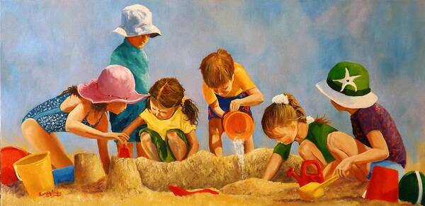 Beach Summer Sandcastles Seaside Children Art Print featuring the painting Kings Queens And Castles by Barry BLAKE