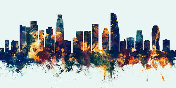 Los Angeles Art Print featuring the digital art Los Angeles California Skyline Panoramic by Michael Tompsett