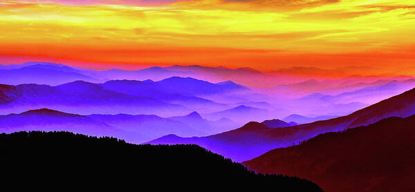 Misty Mountains Sunset Art Print featuring the mixed media Misty Mountains Sunset by Susan Maxwell Schmidt