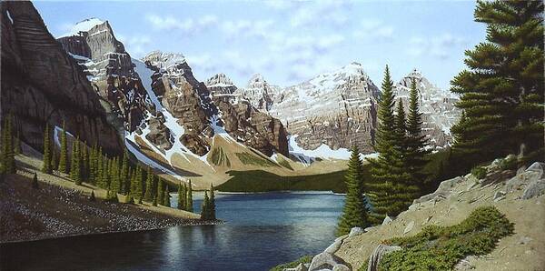 Canadian Rocky Mountains Art Print featuring the painting Moraine Lake by Conrad Mieschke